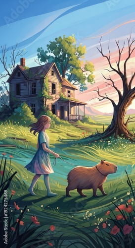 Girl Walking a Capybara in a Scenic Landscape. Concept featuring girl, capybara, walking, nature, landscape.