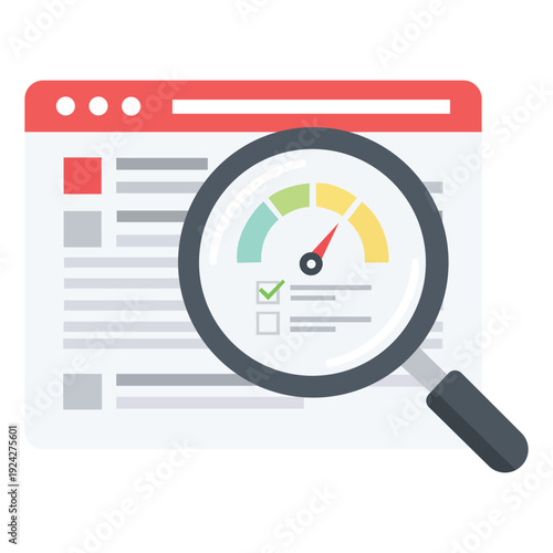 Website Speed Analysis: A close-up view of a browser window displaying a speed test with a magnifying glass, focusing on performance, speed and optimization. 