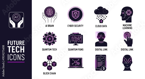 Future tech icon set, 12 icons. Includes AI brain, cyber security, cloud data, machine learning, quantum tech, quantum fund, digital link, digital sign