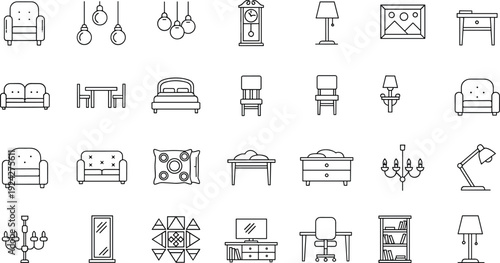 Furniture icon set featuring sofas, beds, tables, chairs, lamps, clocks, mirrors, bookshelves, chandeliers, desks, and various home interior decoration symbols.