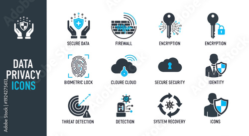 Data privacy icon set. Includes secure data, firewall, encryption, decryption, biometric lock, cloud sync, score security, identity, threat detection, detection, system recovery