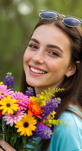 Smiling Woman Holding Colorful Flowers. Concept featuring smiling, woman, flowers, bouquet, nature.