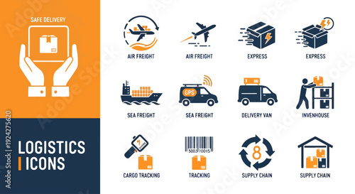 Logistics icon collection. Includes 12 icons: air freight, express, sea freight, delivery van, cargo tracking, trucking, supply chain, and more. Created in modern style with orange and blue