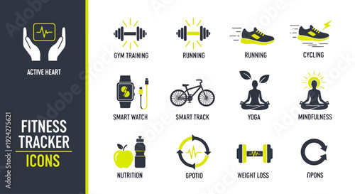 Fitness tracker icon collection. Includes gym training, running, cycling, smart watch, smart track, yoga, mindfulness, nutrition, sports, weight loss