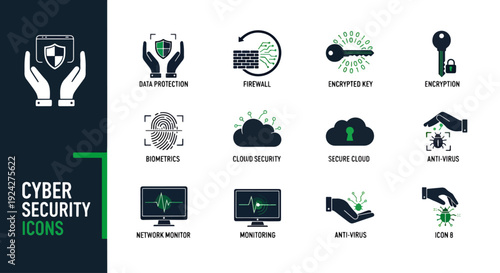 Cyber security icon collection. Includes protection, firewall, dropped out, decryption, biometrics, cloud security, secure cloud, cyber attacks, action monitor, monitoring, spy files