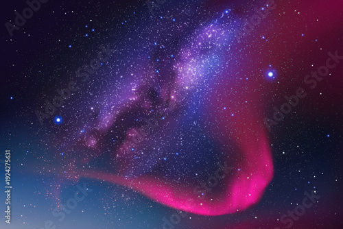 Blue starry sky. Milky Way and polar lights. Purple aurora borealis
