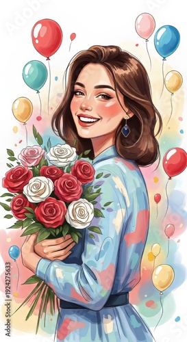 Joyful Woman with Flowers and Balloons. Concept featuring woman, flowers, roses, balloons, celebration.