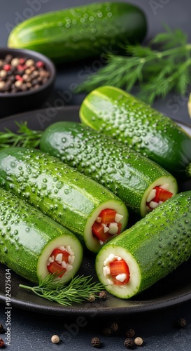 Stuffed Cucumbers with Red Peppers. Concept featuring cucumbers, stuffed vegetables, red peppers, cheese, fresh ingredients.