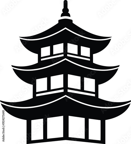 Pagoda Tower Minimal Line Art – Three-Tier Roof Silhouette Black Outline Asian Architecture Vector