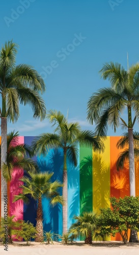 Vibrant Palm Trees Against Colorful Wall. Concept featuring palm trees, colorful wall, tropical, summer, landscape.