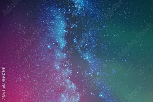 Milky Way and Northern lights. Purple green aurora. Night starry sky