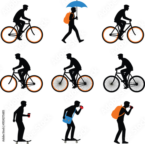 Urban Lifestyle Activities Silhouette Set Walking Cycling and Smartphone Use Vector Illustration
