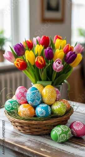 Colorful Easter Eggs and Tulips Arrangement. Concept featuring easter, eggs, tulips, spring, flowers.