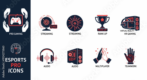 Esports pro icon collection. Includes gaming, streaming, rank up, tournament, audio, video, multiplayer, teamwork. Created in modern style with red and dark blue palette. isolated PNG with