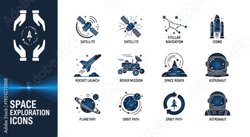 Space exploration icon set. Includes spacecraft, satellite, rocket, planet, astronomy, and space station symbols. Created in modern style with blue and white palette. isolated PNG with