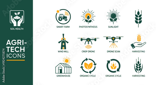 Agri-tech icon collection. Includes smart farm, photosynthesis, sunlight, tractor, crop drone, drone team, organic style, organic circle, harvesting. Created in flat style with green palette