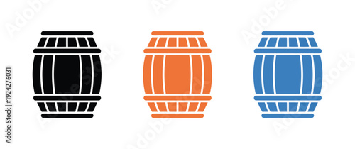 Three colorful barrel icons on white background, vector illustrations representing industrial barrels, liquid containers, storage solutions, shipping, and professional digital or print design use.