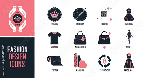 Fashion design icon collection. Includes 13 icons: crown, dress, skirt, t-shirt, hat, shoes, purse, sunglasses, makeup, lipstick, necklace, earrings