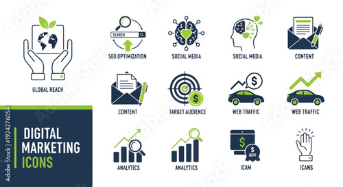 Digital marketing icon collection. Includes SEO, targeting, media, analytics, ads, and web marketing symbols. Created in flat style with blue and green palette isolated PNG with Transparent