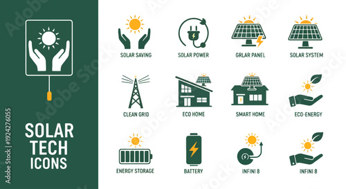 Solar tech icon collection. Includes solar panel, solar power, solar energy, renewable energy, eco friendly, sustainable, green energy, solar farm, wind turbine, battery