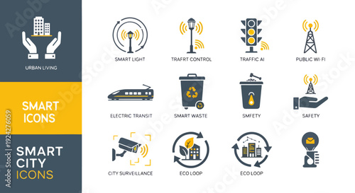 Smart city icon collection. Includes smart grid, renewable energy, public WiFi, smart transport, city planning icons. Created in modern style with yellow and gray palette isolated PNG with