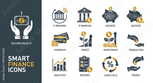 Smart finance icon collection. Includes e-banking, savings, payments, investment, analytics, loan, money, credit icons. Created in modern style with yellow and gray palette isolated PNG with