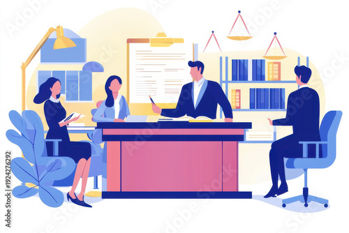 Lawyers and clients discussing contract terms during meeting in law office