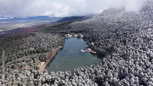 Snowfall, nature, aerial drone footage of winter landscape with trees. Winter landscapes of Bolu, Türkiye.