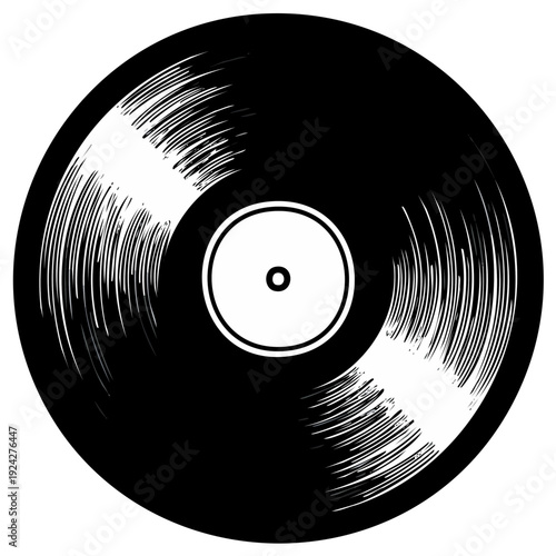 Black vinyl record illustration with etched design, musical disc