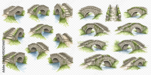 A collection of hand-drawn watercolor illustrations of ancient stone bridges from various angles.