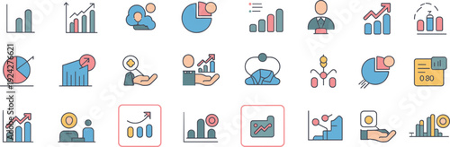 Business analytics growth charts icons set, financial performance marketing data visualization flat vector colorful outline collection design pack