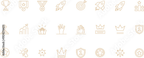 Achievement icons set, trophy, medal, rocket, target, podium, graph, crown, star, ribbon, shield, success, recognition, award, excellence
