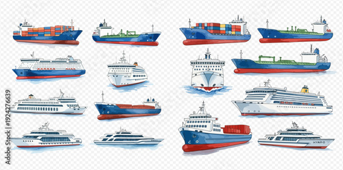 A large collection of various sea transport vessels including container ships, tankers, ferries, and cruise liners, illustrated in a watercolor style.