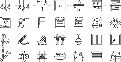 Interior Design and Home Improvement Line Icon Set Featuring Furniture, Appliances, Tools, Construction Planning, Kitchen Essentials, Lighting, and Renovation Symbols.