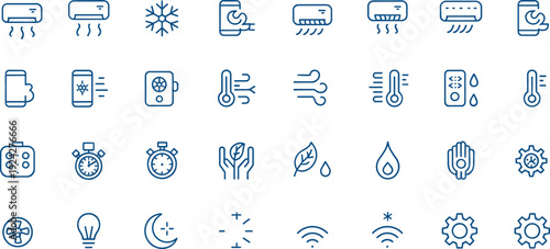 Air conditioning icons, climate control symbols, HVAC graphics, smart home vector set, cooling heating illustrations, energy saving, Wi-Fi, timer, eco