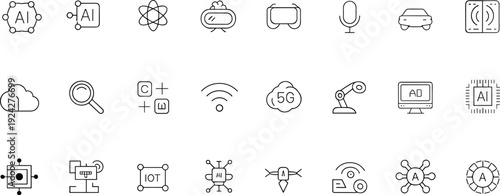 Artificial intelligence icons, AI technology symbols, machine learning, robotics, automation, cloud computing, IoT, quantum computing, digital innovation, connectivity