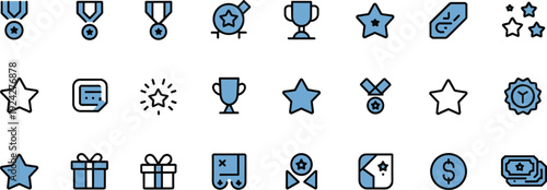 Awards icons, achievement symbols, trophy, medal, star, badge, gift box, recognition, reward, success, prize, accomplishment, gamification, incentive program