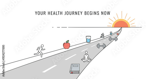 Health journey vector illustration, road to wellness with fitness and nutrition icons.
