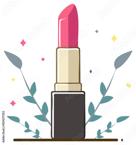 Illustration of pink lipstick tube with leaves and stars for cosmetic background