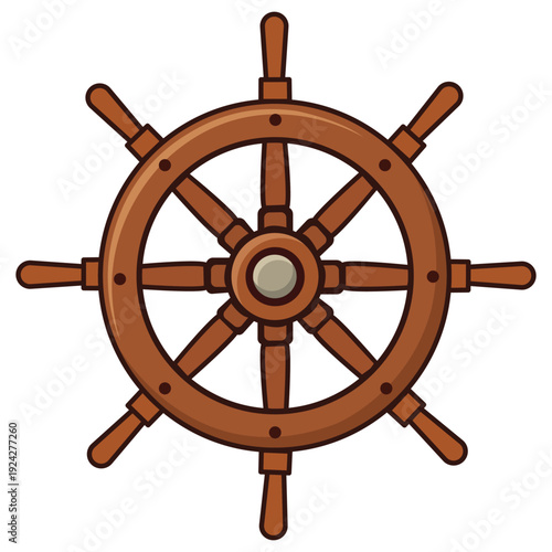 Wooden Ship Wheel: A detailed illustration of a classic wooden ship wheel, representing nautical navigation and maritime heritage. 