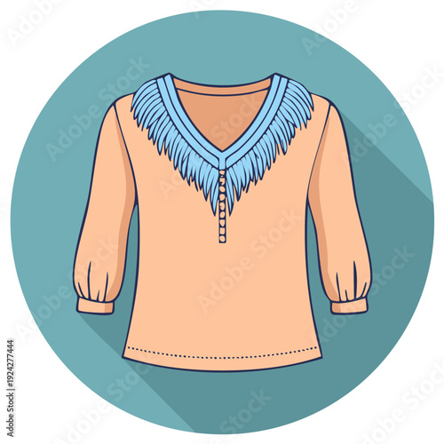 Stylish casual women's peach long sleeve blouse with decorative blue fringe V-neck