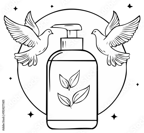 Natural Cosmetic Bottle with Leaf Design Surrounded by Doves in Black and White Aesthetic for Clean Beauty Promotion