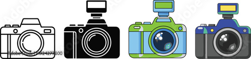 Digital camera icon set with external flash in line art, black silhouette and colorful flat styles, vector illustration for photography and media,