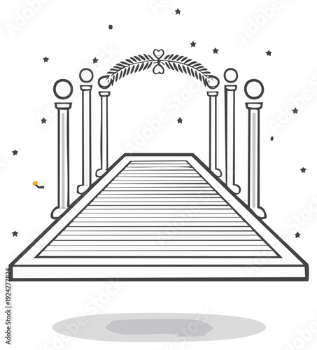 Elegant wedding ceremony aisle with decorative floral arch and starlit sky backdrop