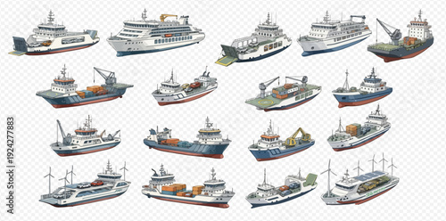 A collection of various maritime transport vessels, including cargo ships, ferries, and boats, illustrated in an isometric view.