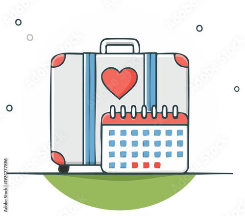 Suitcase with heart and calendar indicating travel vacation or romantic holiday dates