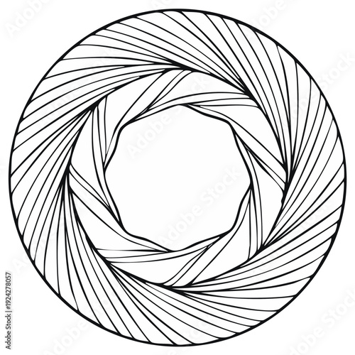 Stylized abstract aperture diaphragm illustration with layered blades forming a circular opening