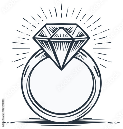 Antique Diamond Ring Illustration with Sunburst Effect for Jewelry and Romance Themed Design