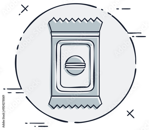 Hand-drawn illustration of a food bar wrapper with a simple graphic inside a circle