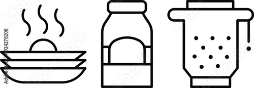 Steaming bowl stacked plates milk bottle cheese grater kitchen